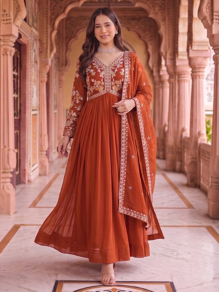 Rust Embroidered Georgette Gown With Dupatta