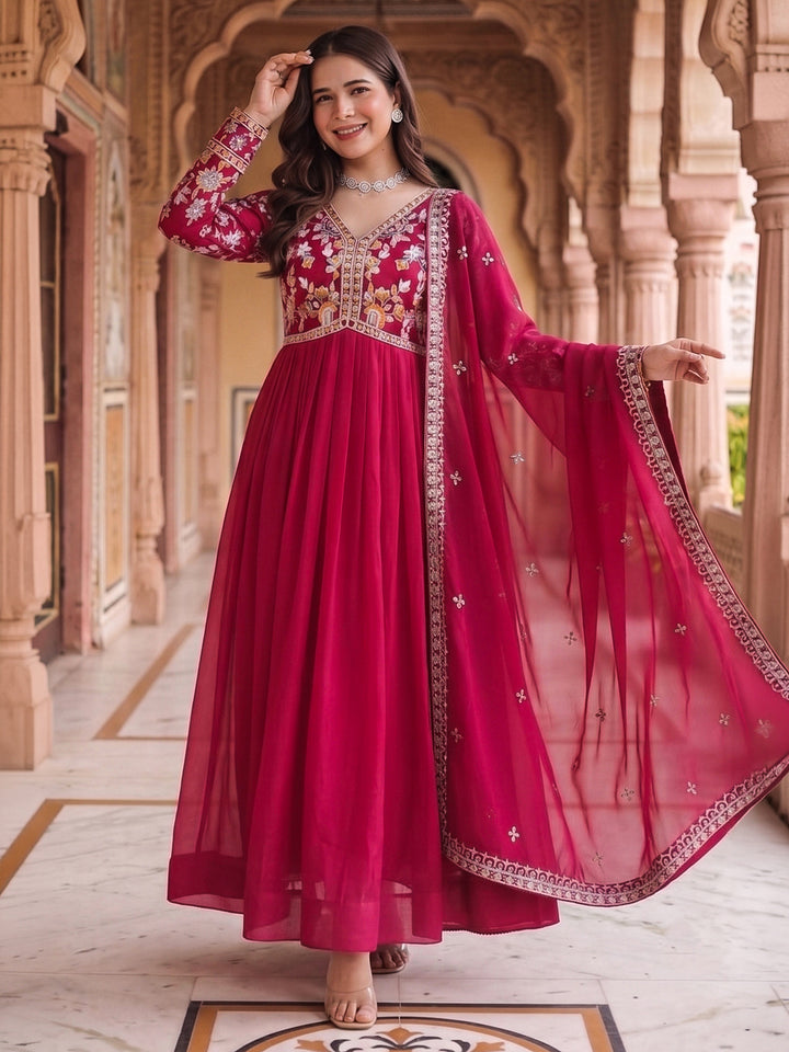 Pink Embroidered Georgette Gown With Dupatta