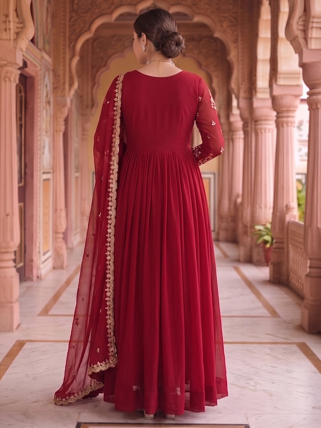 Maroon Embroidered Georgette Gown With Dupatta