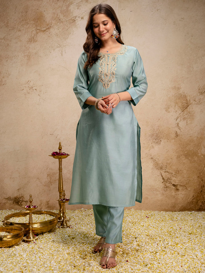 Mint-Green Embroidered Art Silk Kurta With Pant &amp; Dupatta