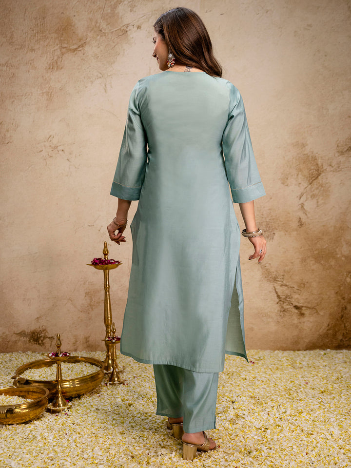 Mint-Green Embroidered Art Silk Kurta With Pant &amp; Dupatta