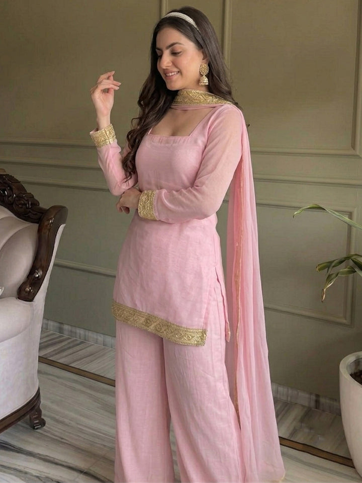 Pink Embroidered Georgette Kurta With Pant &amp; Dupatta