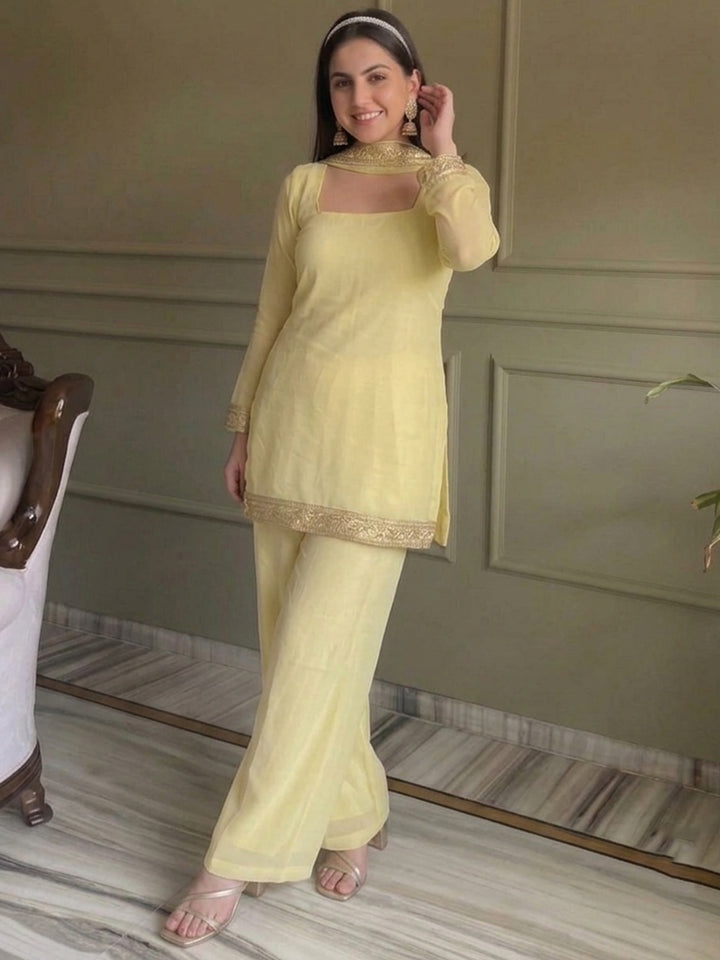 Yellow Embroidered Georgette Kurta With Pant &amp; Dupatta