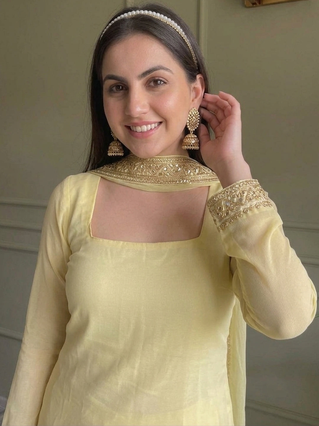 Yellow Embroidered Georgette Kurta With Pant &amp; Dupatta