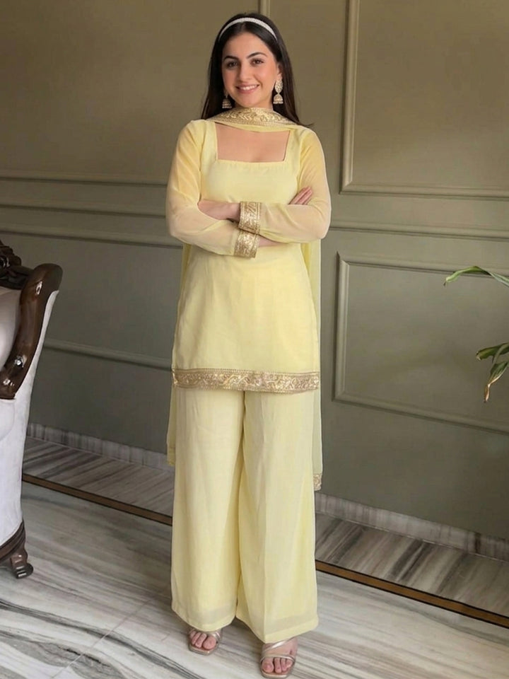 Yellow Embroidered Georgette Kurta With Pant &amp; Dupatta