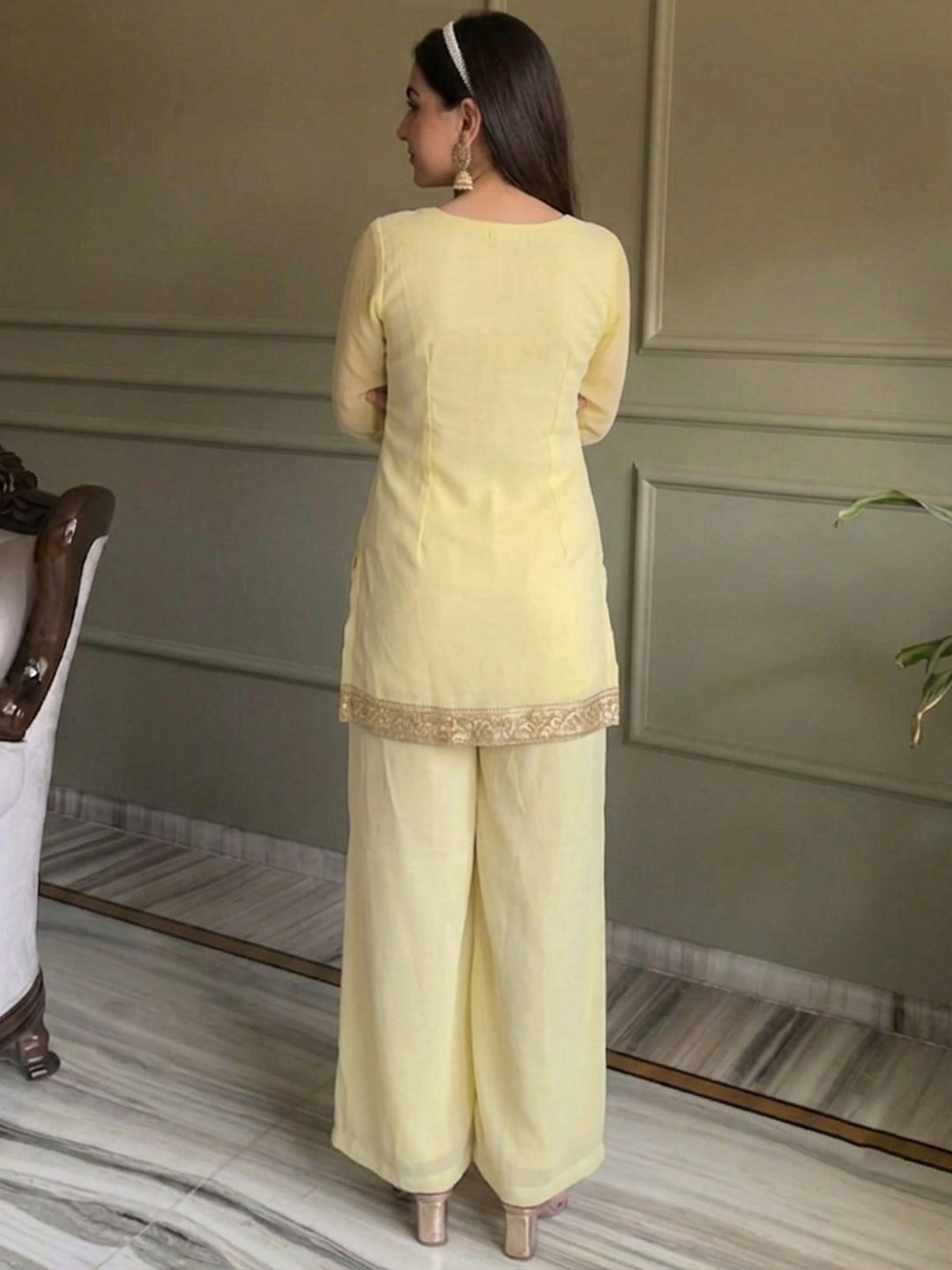 Yellow Embroidered Georgette Kurta With Pant &amp; Dupatta