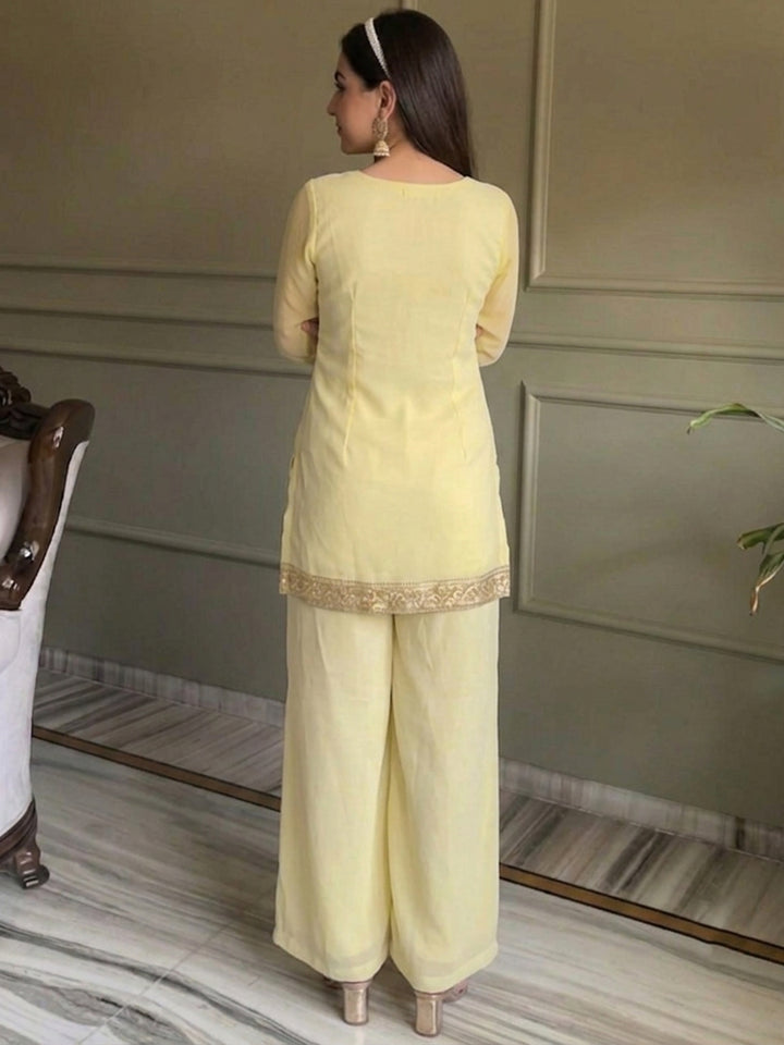 Yellow Embroidered Georgette Kurta With Pant &amp; Dupatta