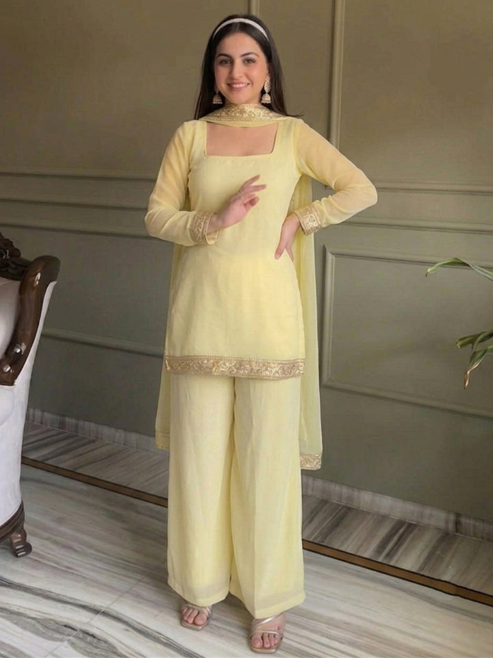 Yellow Embroidered Georgette Kurta With Pant &amp; Dupatta