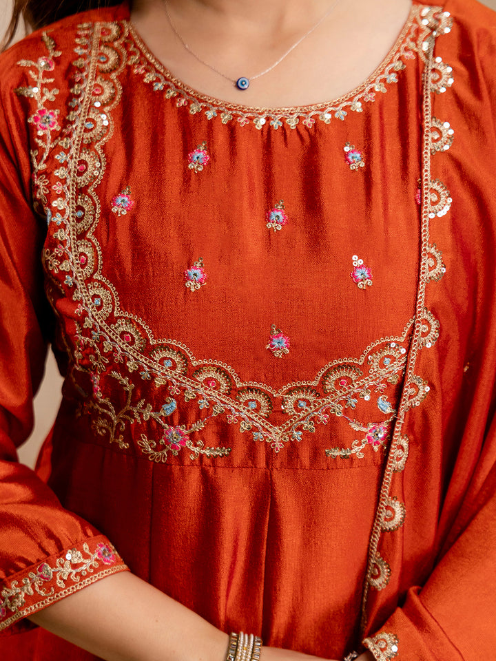 Rust Embroidered Art Silk Kurta With Pant &amp; Dupatta