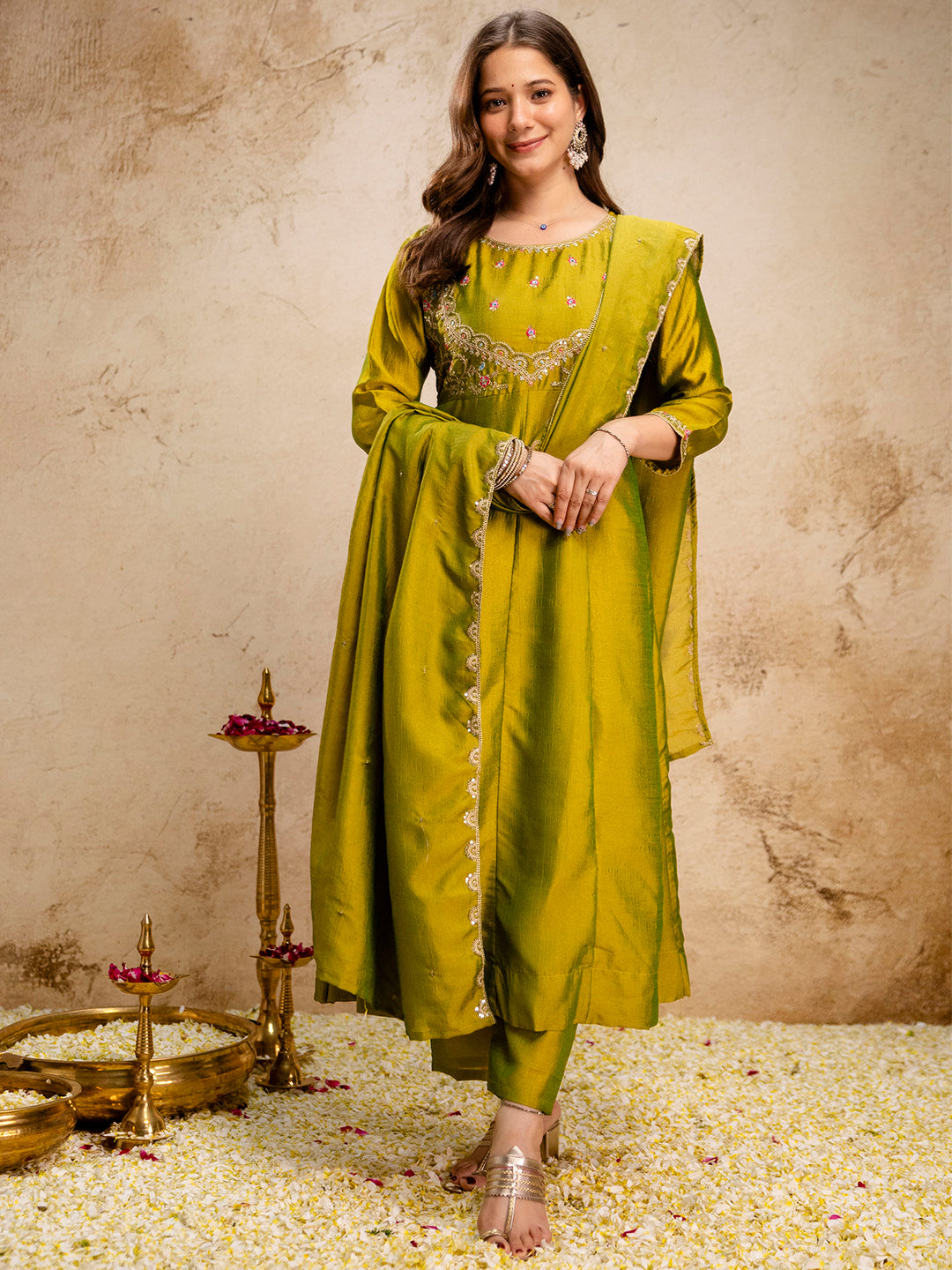 Mehndi Embroidered Art Silk Kurta With Pant &amp; Dupatta