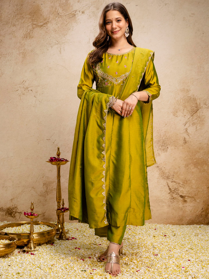 Mehndi Embroidered Art Silk Kurta With Pant &amp; Dupatta