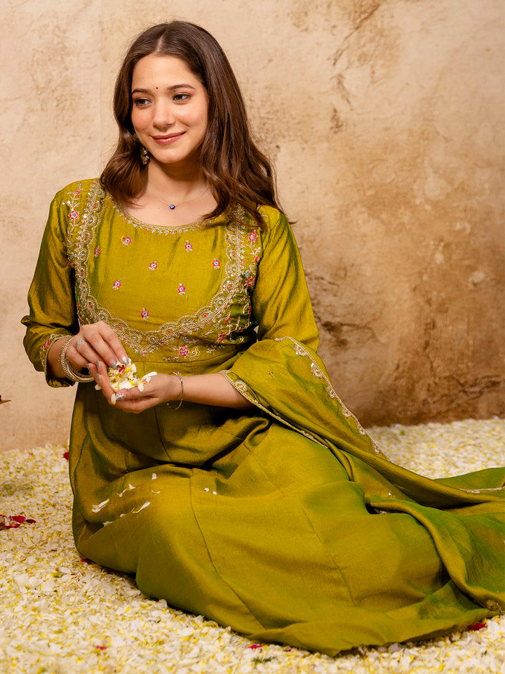 Mehndi Embroidered Art Silk Kurta With Pant &amp; Dupatta