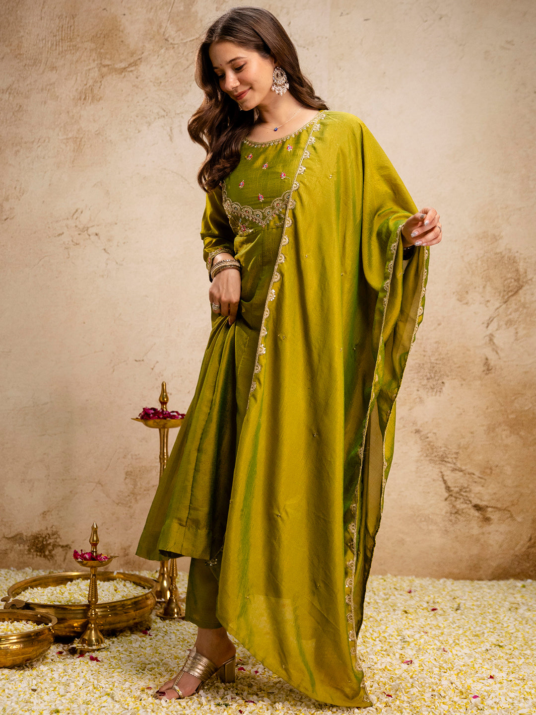 Mehndi Embroidered Art Silk Kurta With Pant &amp; Dupatta