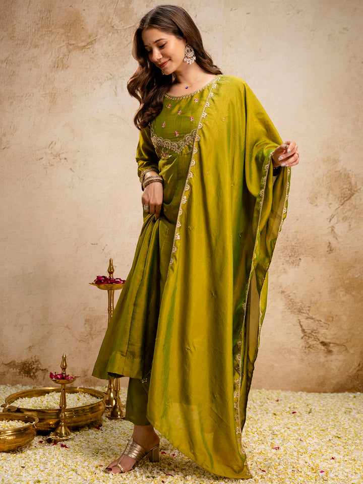 Mehndi Embroidered Art Silk Kurta With Pant &amp; Dupatta