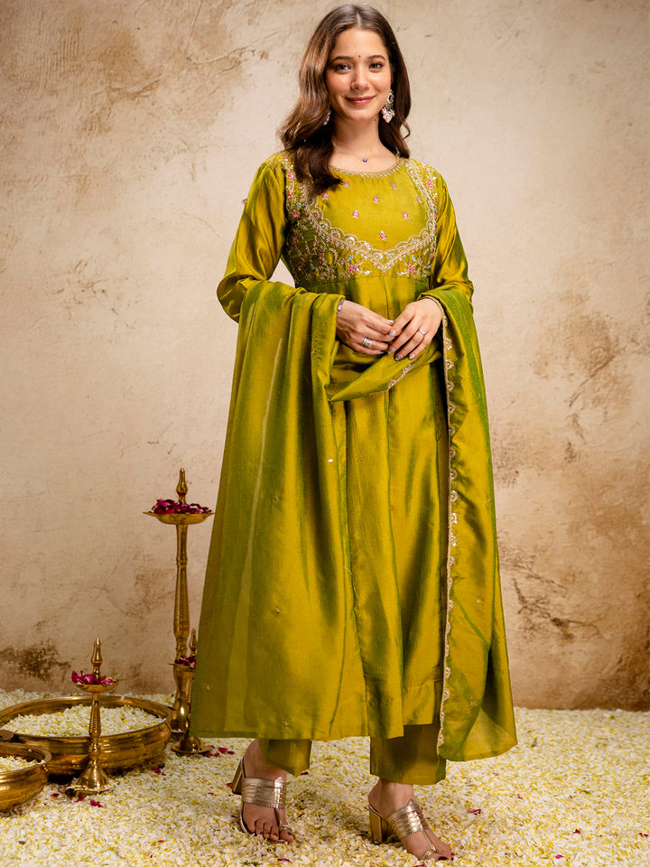 Mehndi Embroidered Art Silk Kurta With Pant &amp; Dupatta