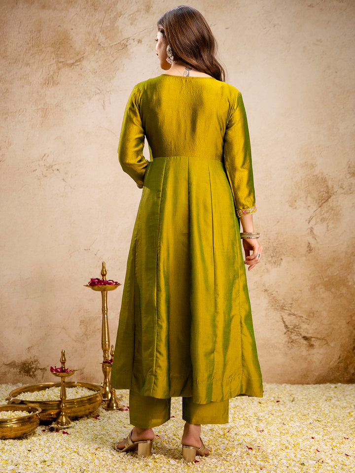 Mehndi Embroidered Art Silk Kurta With Pant &amp; Dupatta
