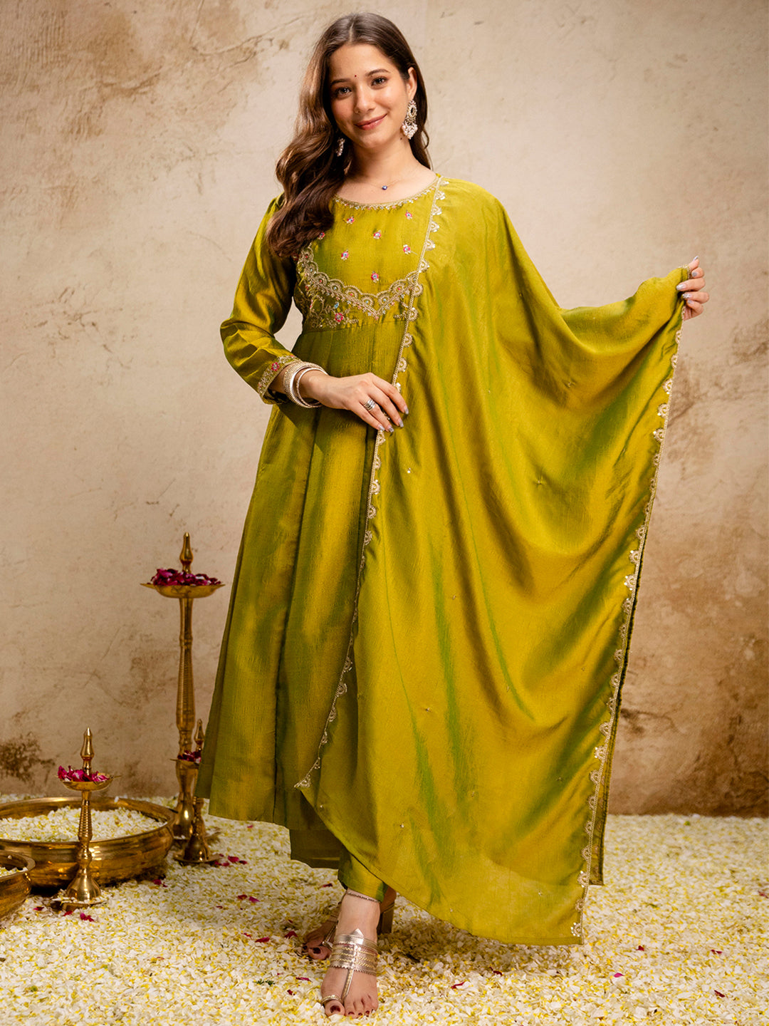 Mehndi Embroidered Art Silk Kurta With Pant &amp; Dupatta