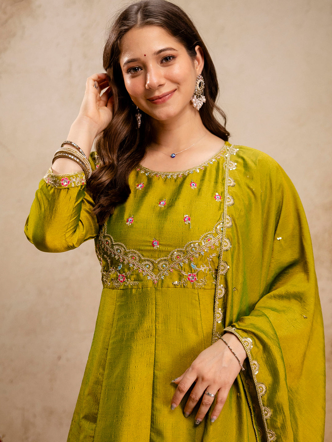 Mehndi Embroidered Art Silk Kurta With Pant &amp; Dupatta