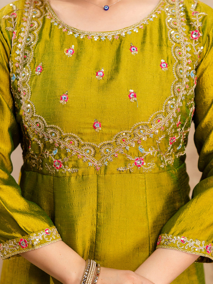 Mehndi Embroidered Art Silk Kurta With Pant &amp; Dupatta