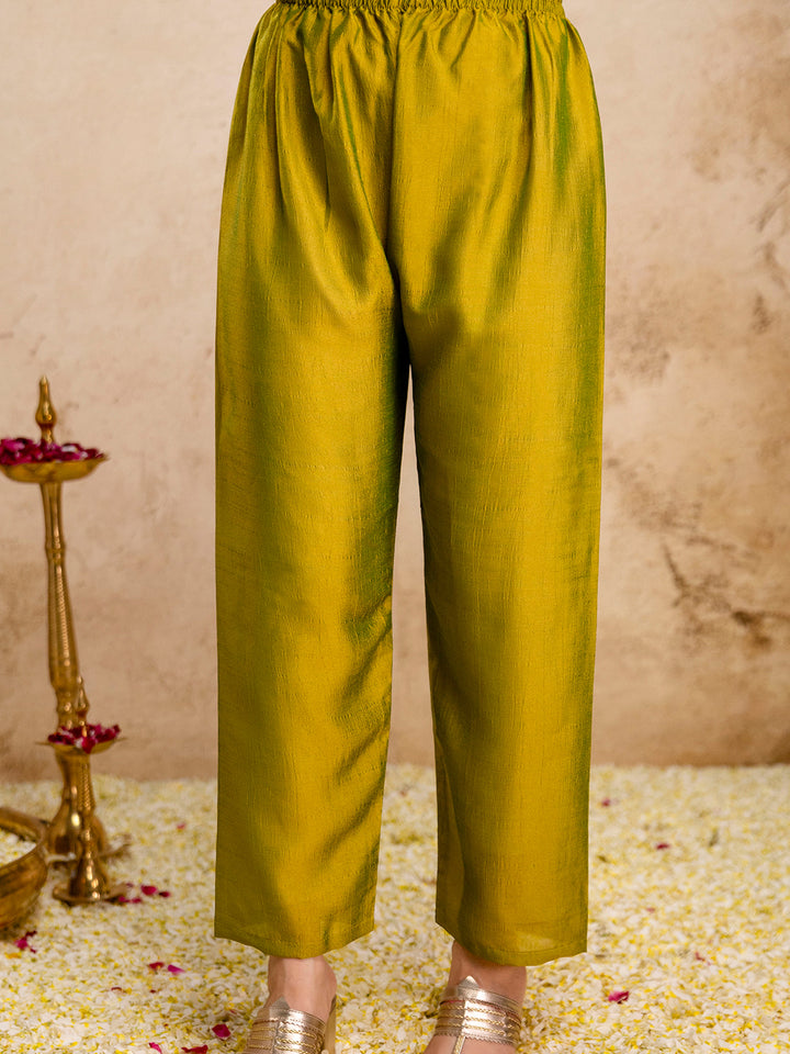 Mehndi Embroidered Art Silk Kurta With Pant &amp; Dupatta