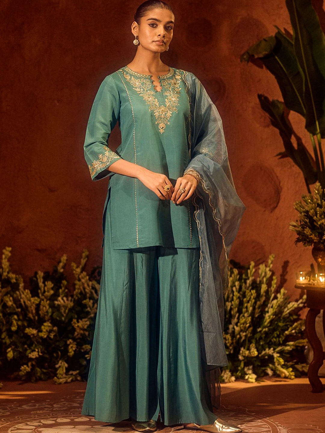 Rama-Green Embroidered Art Silk Kurta With Pant &amp; Dupatta