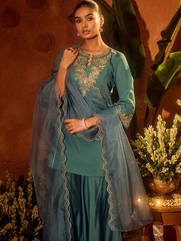 Rama-Green Embroidered Art Silk Kurta With Pant &amp; Dupatta
