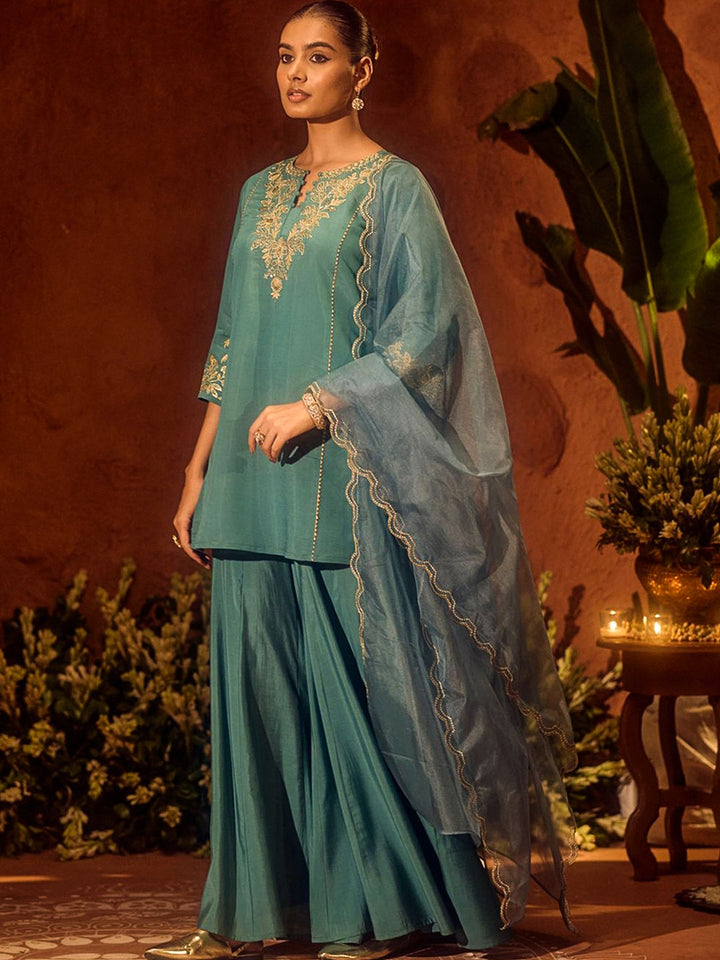 Rama-Green Embroidered Art Silk Kurta With Pant &amp; Dupatta