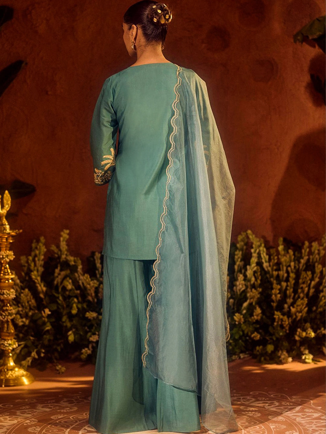 Rama-Green Embroidered Art Silk Kurta With Pant &amp; Dupatta