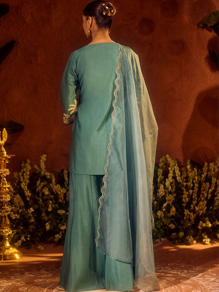 Rama-Green Embroidered Art Silk Kurta With Pant &amp; Dupatta