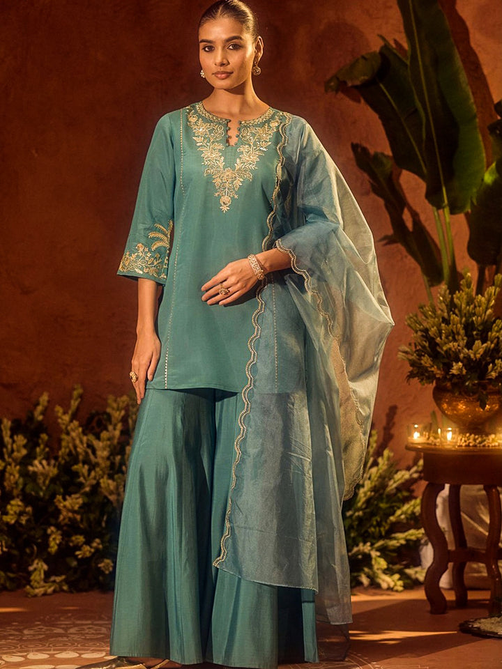 Rama-Green Embroidered Art Silk Kurta With Pant &amp; Dupatta