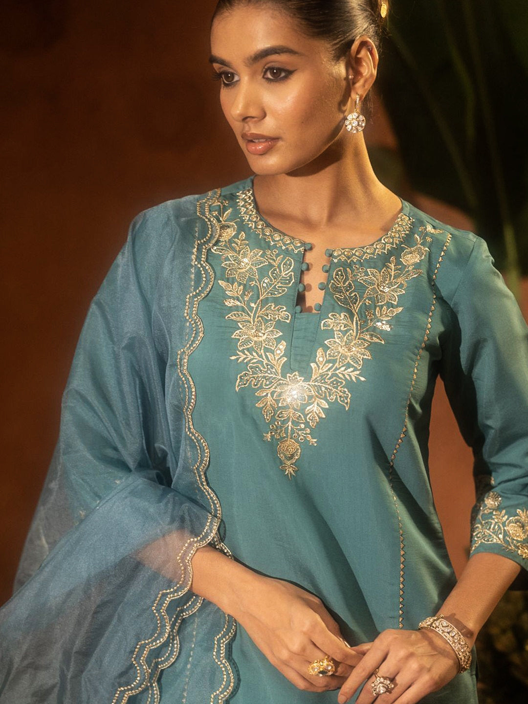 Rama-Green Embroidered Art Silk Kurta With Pant &amp; Dupatta