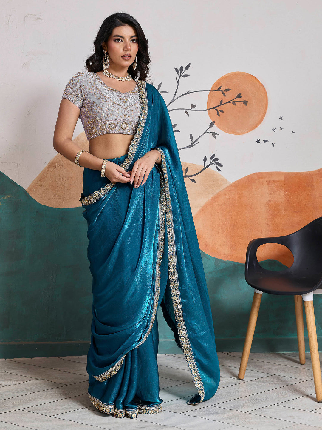 Lake Blue Embroidered Velvet Satin Saree