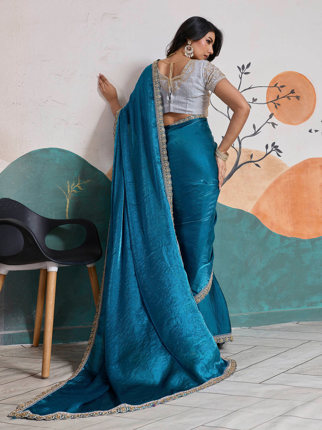 Lake Blue Embroidered Velvet Satin Saree
