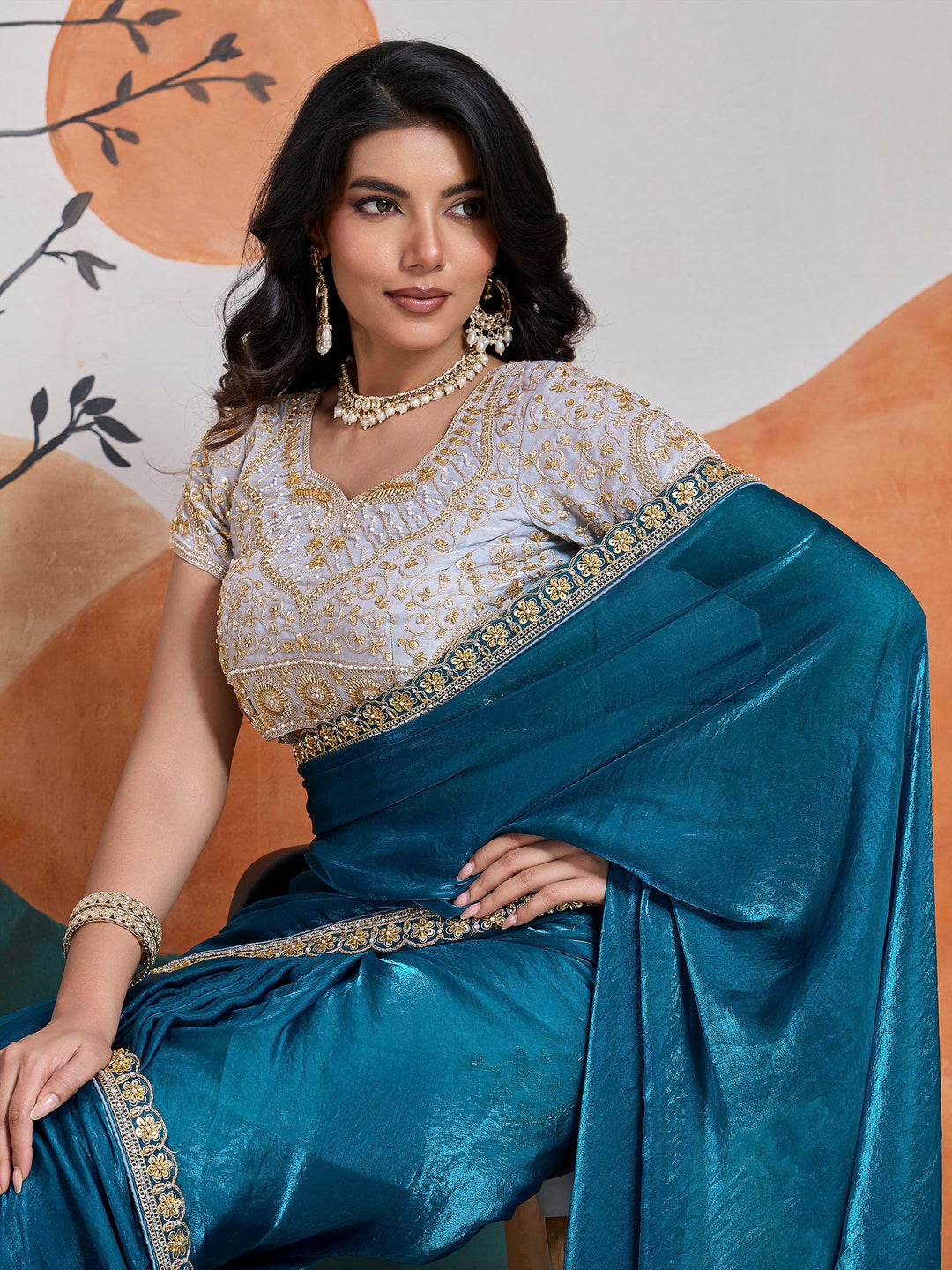 Lake Blue Embroidered Velvet Satin Saree