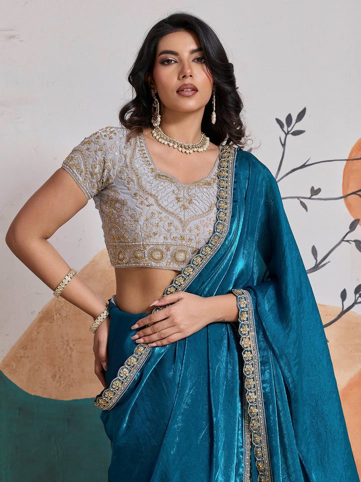 Lake Blue Embroidered Velvet Satin Saree