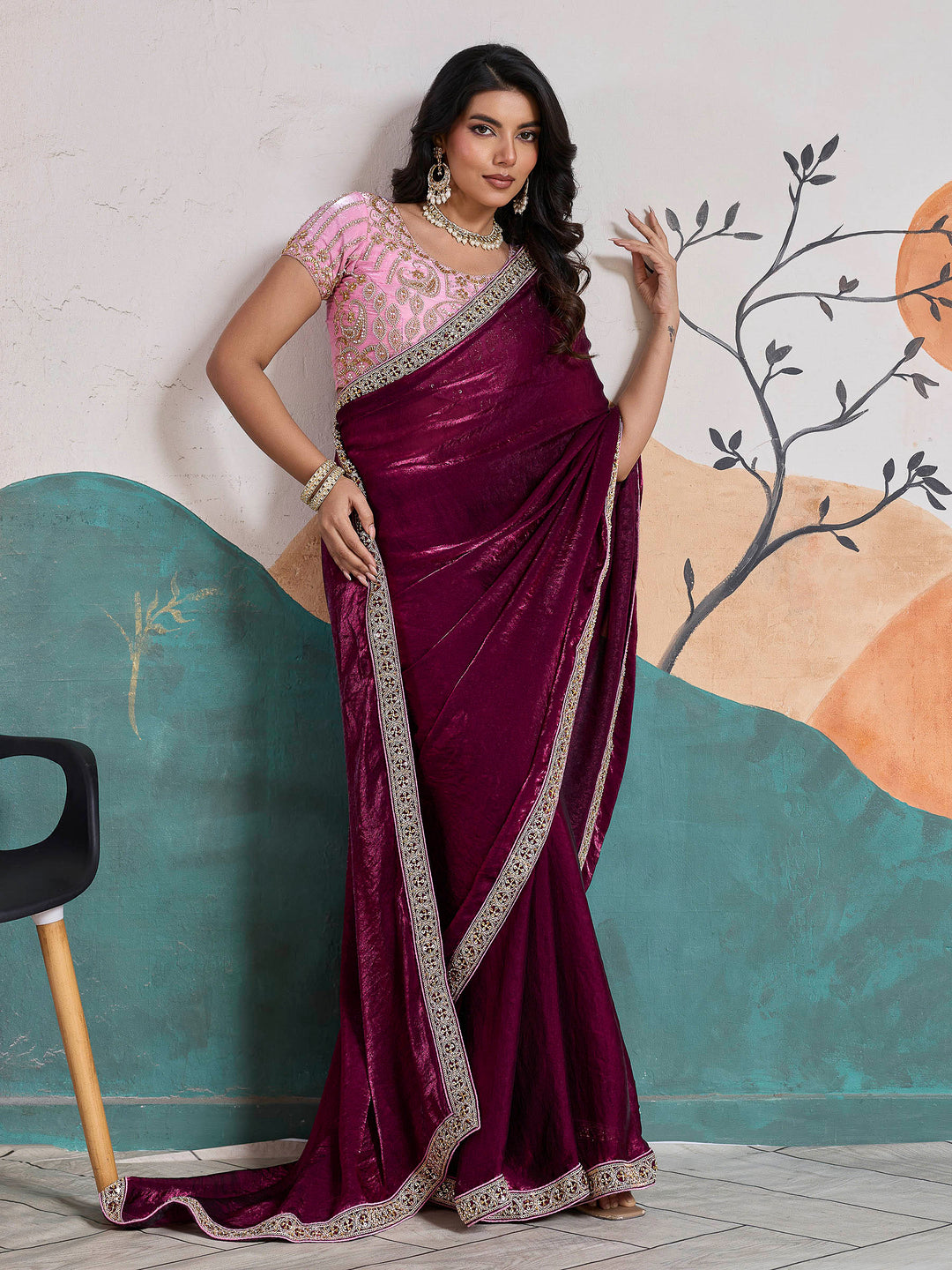 Maroon Embroidered Velvet Satin Saree