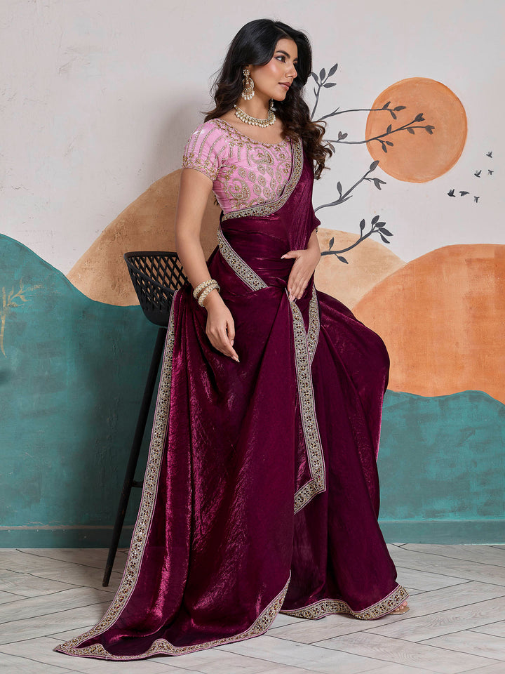 Maroon Embroidered Velvet Satin Saree