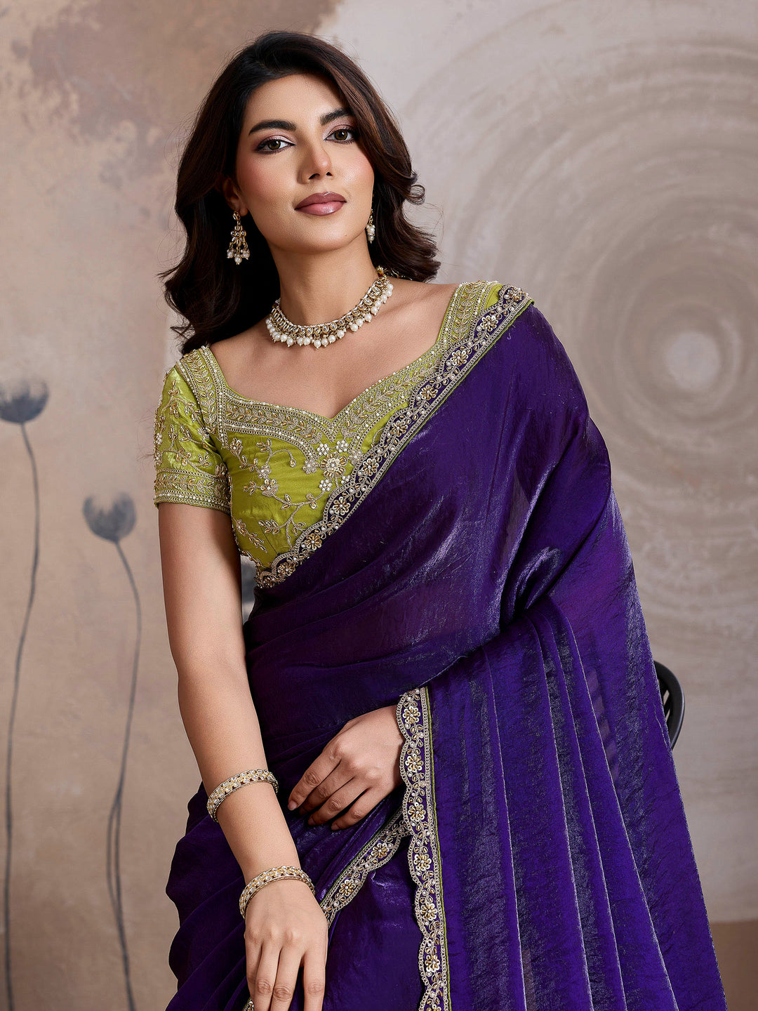Purple Embroidered Velvet Satin Saree