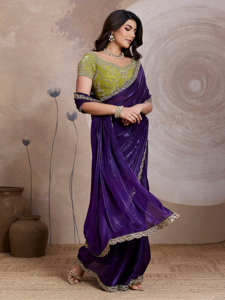 Purple Embroidered Velvet Satin Saree