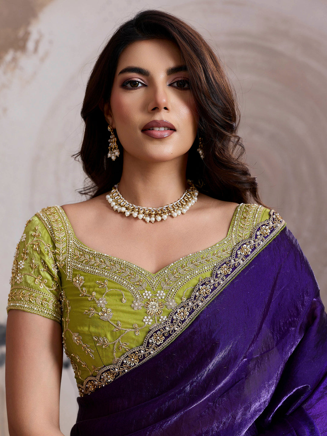 Purple Embroidered Velvet Satin Saree
