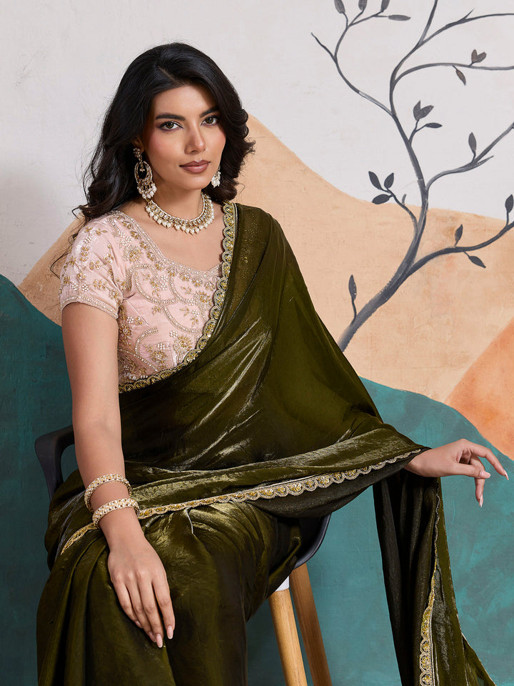 Mehndi Embroidered Velvet Satin Saree