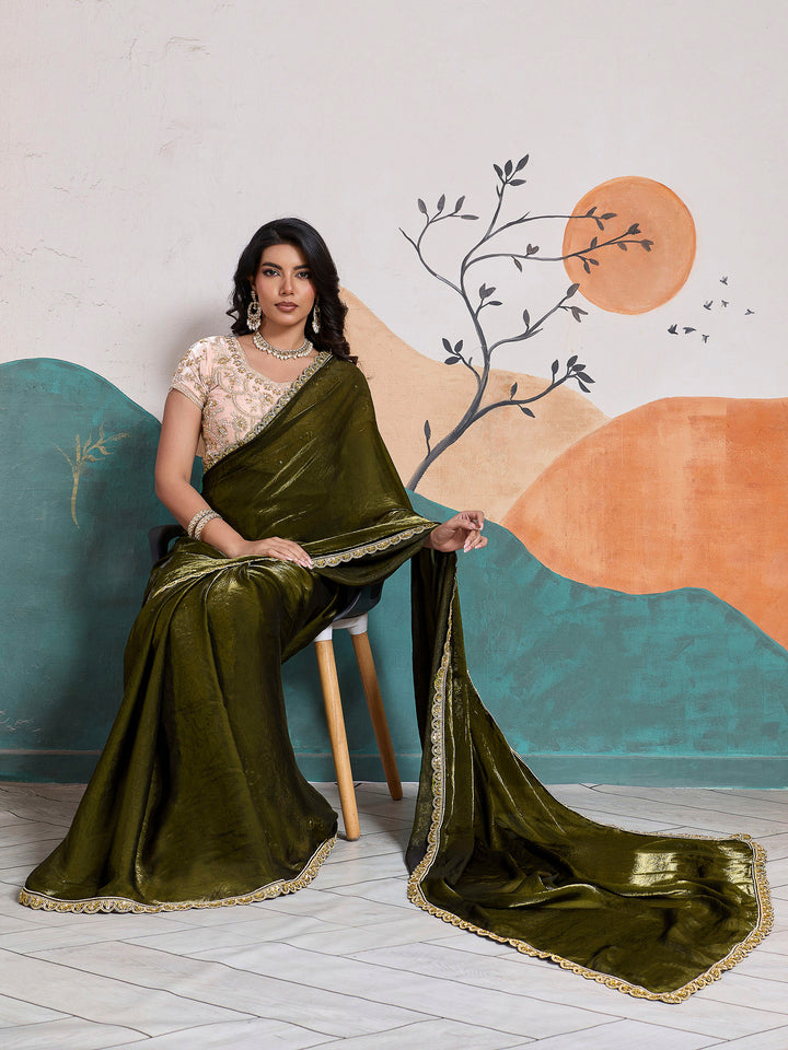 Mehndi Embroidered Velvet Satin Saree