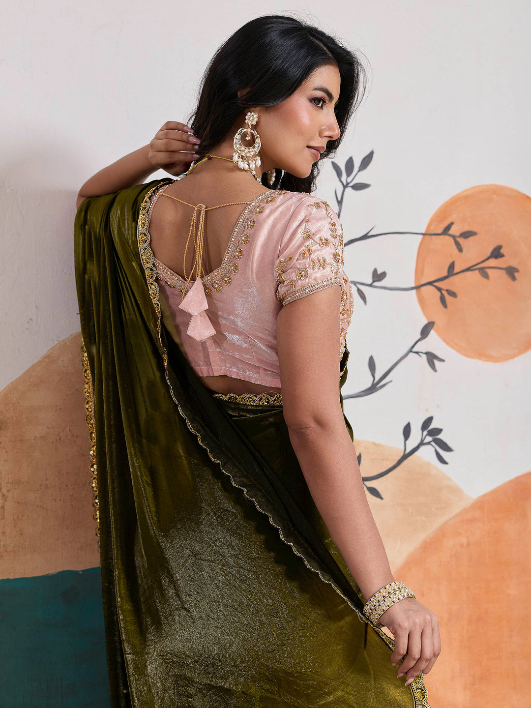 Mehndi Embroidered Velvet Satin Saree