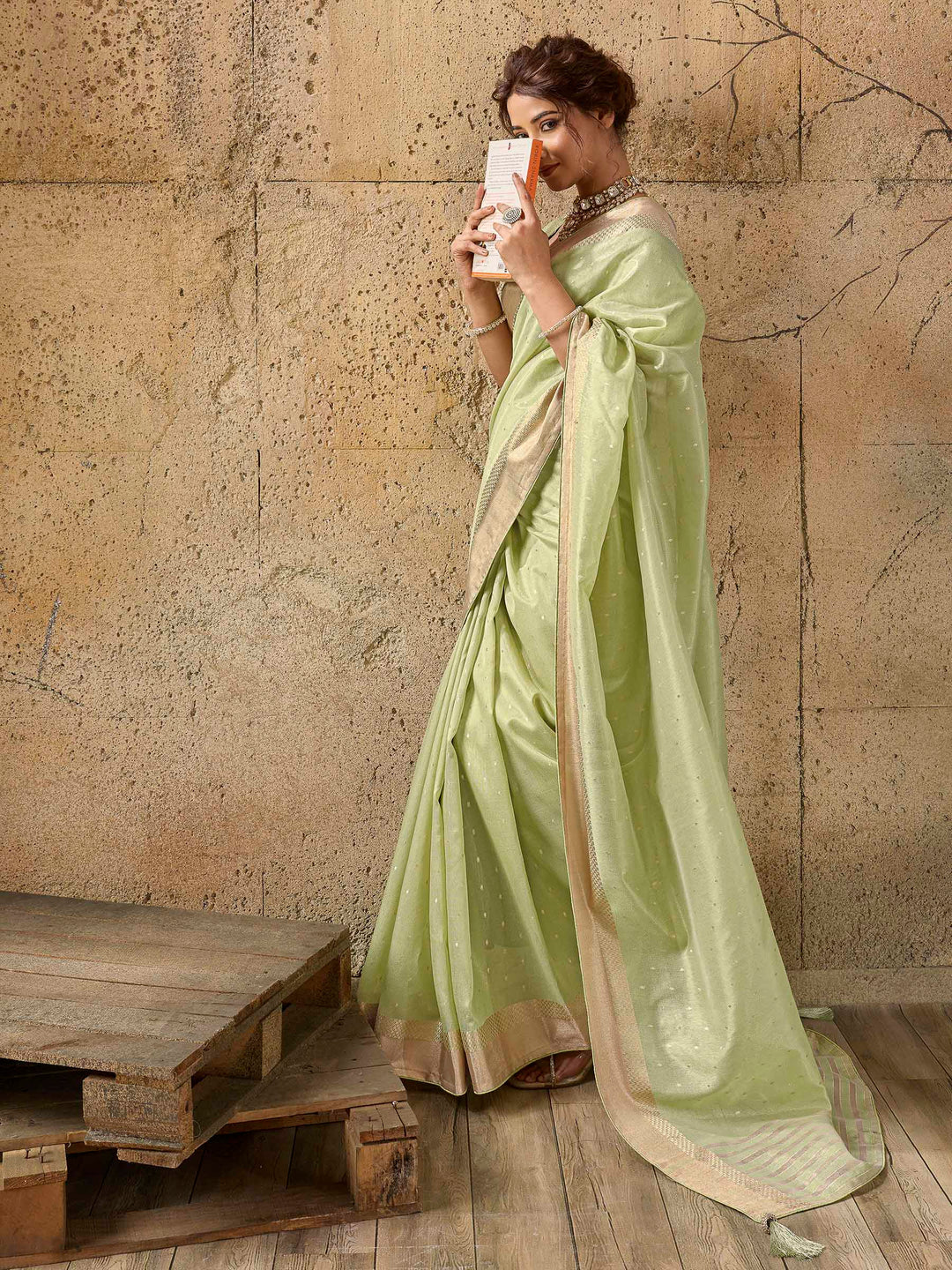 Pista-Green Tissue Woven Saree