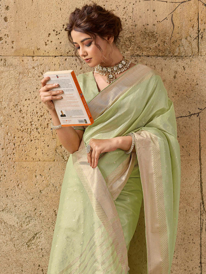 Pista-Green Tissue Woven Saree