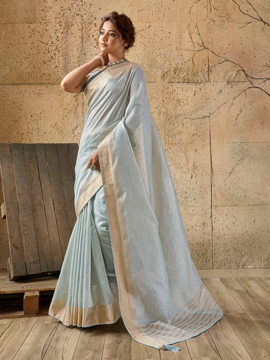 Sky-Blue Tissue Woven Saree