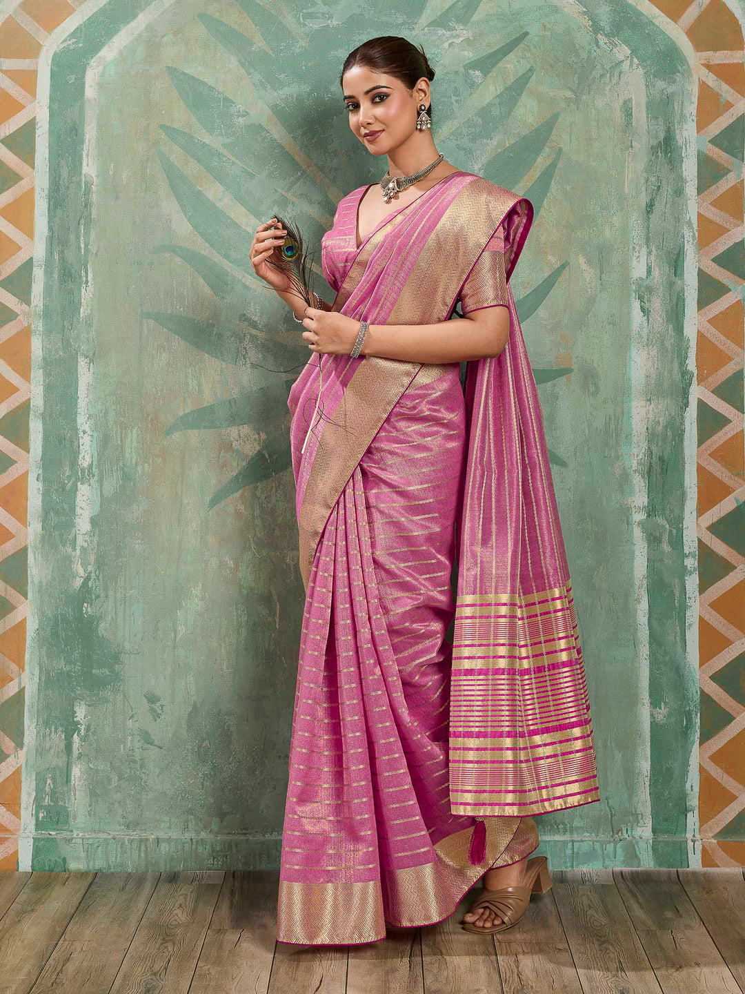 Pink Woven Design Cotton Silk Jacquard Saree
