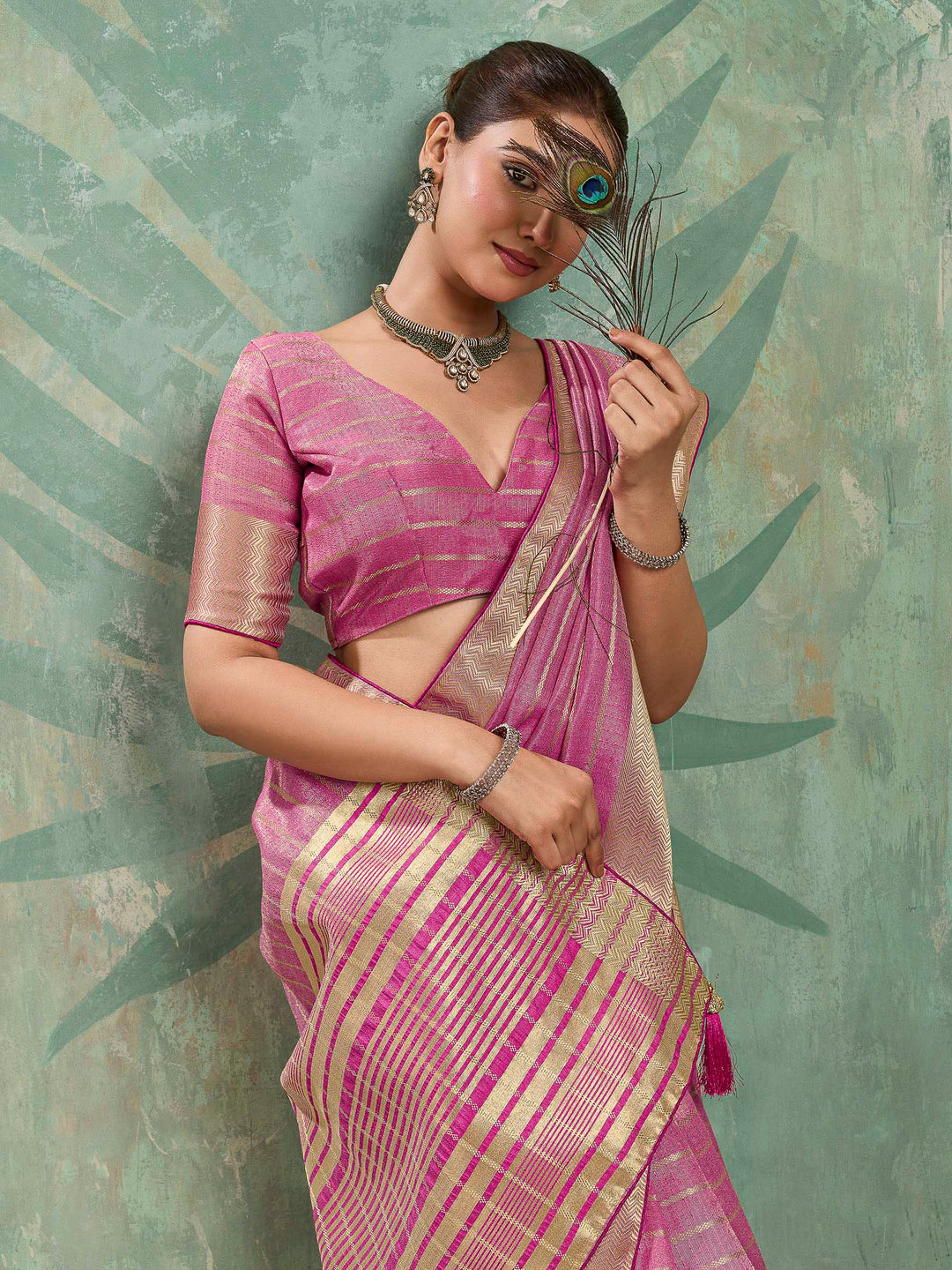 Pink Woven Design Cotton Silk Jacquard Saree