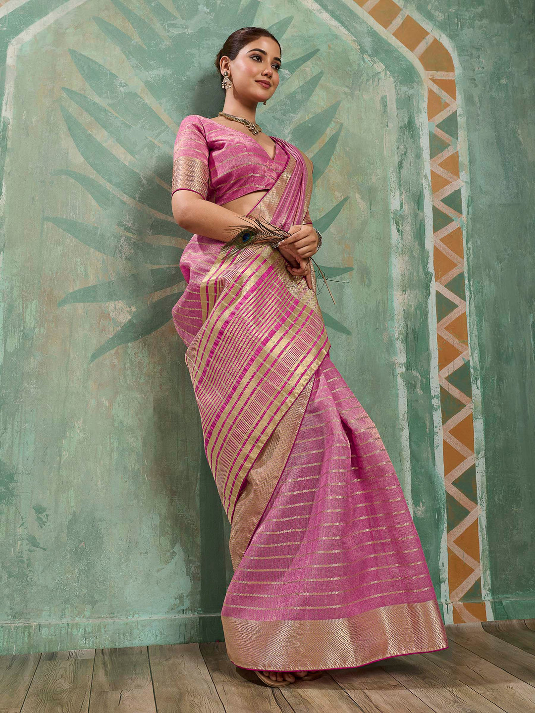 Pink Woven Design Cotton Silk Jacquard Saree