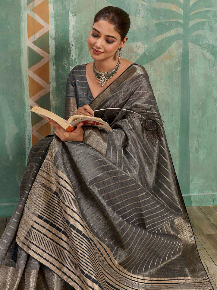Charcoal Grey Woven Design Cotton Silk Jacquard Saree